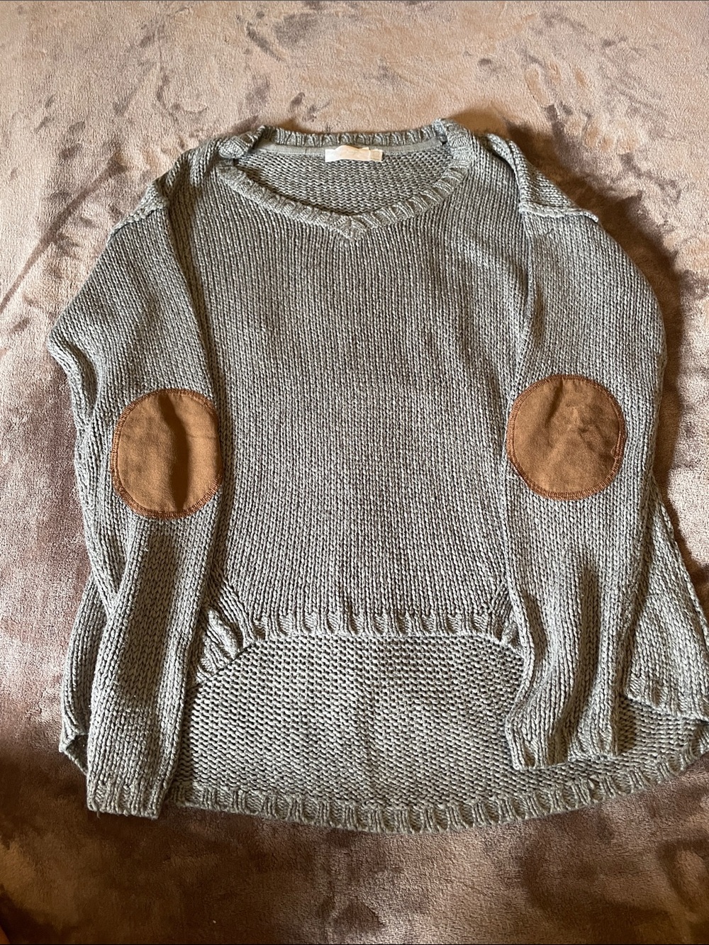 Women's Gray Crewneck Sweater with Brown Elbow Patches